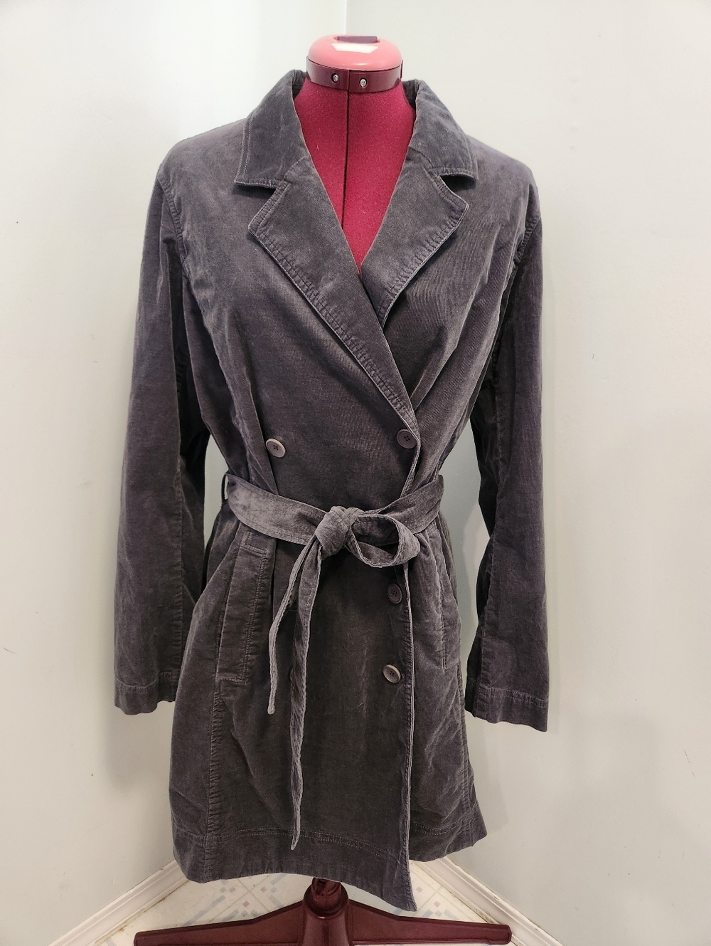Eileen Fisher Fine Wale Charcoal Grey Cuordoroy Double Breasted Coat